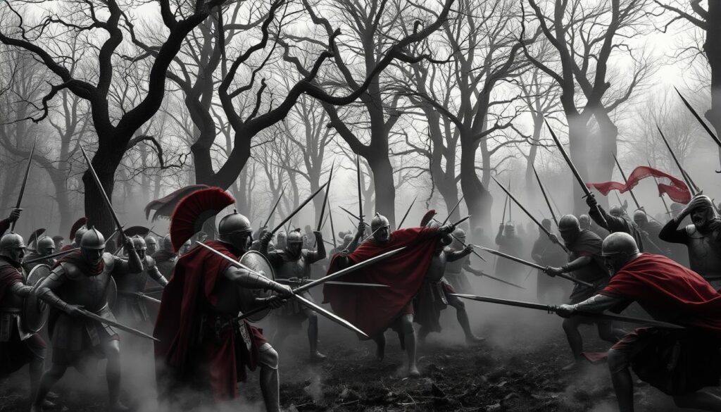 A dramatic battle scene in the Teutoburg Forest, where the Germanic tribes led by Arminius ambush and annihilate the Roman legions of Varus. Mist-shrouded trees loom in the background, their twisted branches casting ominous shadows. In the foreground, legionnaires in full armor clash with fierce, face-painted warriors, their weapons gleaming in the fading light. Smoke and dust obscure the chaos, with flashes of color - the red cloaks of the Romans, the vibrant tribal paint of the Germans - punctuating the stark black and white palette. Convey the grim determination and raw brutality of this legendary battle that shook the Roman Empire.
