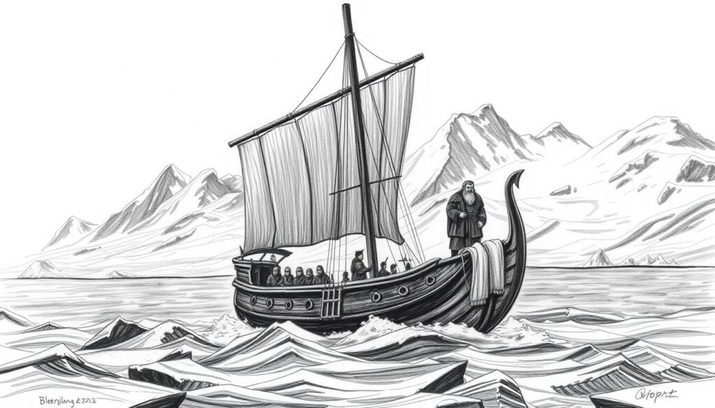A dramatic rendering of Erik the Red's pioneering colonization of Greenland, depicted in a striking black and white sketch with subtle pops of color. In the foreground, a rugged Viking longship glides across the choppy, ice-flecked seas, its sail billowing in the wind. Erik himself stands tall at the prow, his weathered face set with determination as he scans the horizon for the promise of new lands. In the middle ground, the dramatic silhouettes of towering glaciers and snow-capped peaks rise up, hinting at the harsh, unforgiving terrain that awaits the settlers. Touches of muted ochre and icy blue highlight the stark, untamed beauty of the Greenlandic landscape. An atmospheric, moody scene capturing the spirit of adventure and conquest that drove the Viking exploration of the North Atlantic.