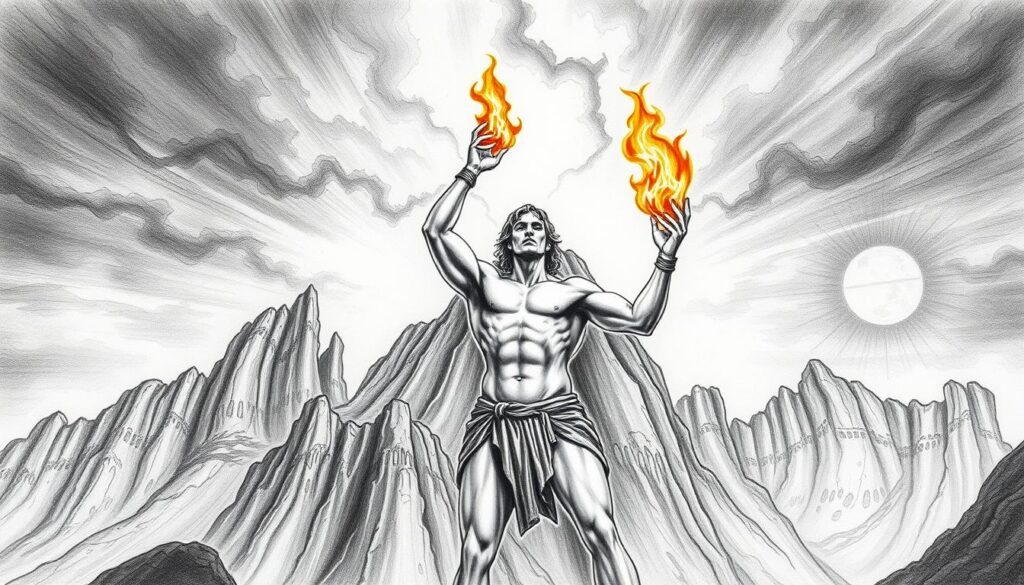 A dramatic scene of Prometheus, the Titan who defied the gods and stole fire from Mount Olympus to gift it to humanity. In the foreground, Prometheus stands defiantly, his muscular frame etched in stark black and white, with hints of color in the flames he holds aloft. Behind him, the rocky cliffs of Mount Caucasus loom, rendered in intricate detail with a mix of graphite tones and soft, painterly strokes. The sky above is a brooding expanse of thunderclouds, suggesting the impending wrath of Zeus. The overall composition conveys a sense of heroic defiance and the eternal struggle between humanity's thirst for knowledge and the gods' desire for control.