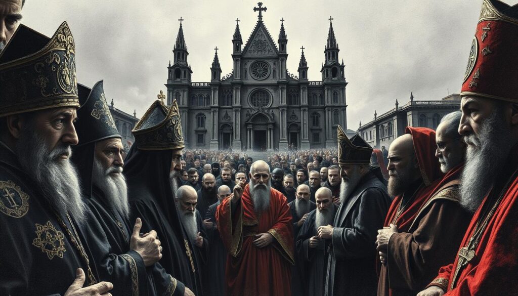 A dramatic scene of the Great Schism of 1054, a critical moment in the split between the Eastern Orthodox and Roman Catholic churches. In the foreground, stern-faced patriarchs face off, their robes and vestments intricate with Byzantine detail. The middle ground is a swirl of clerics and dignitaries, faces etched with tension. In the background, an imposing cathedral looms, its grand architecture casting long, dramatic shadows. The scene is rendered in a moody, chiaroscuro style, with stark contrasts of light and dark, and occasional flashes of color - a crimson robe, a golden cross. The overall atmosphere is one of historical gravity and high-stakes religious politics.