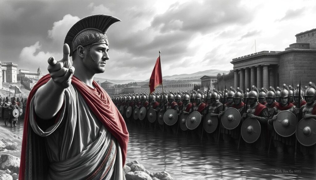A dramatic scene unfolds on the banks of the Rubicon river, as the Roman legions of Julius Caesar stand poised to cross, marking the start of a civil war that will reshape the course of history. In the foreground, Caesar himself, his brow furrowed with determination, gestures with an outstretched hand, rallying his troops. Behind him, the legionaries, their disciplined ranks reflected in the still waters, grip their weapons with steely resolve. In the middle ground, the landscape is rendered in stark black and white, save for the occasional splash of color - the crimson of a standard, the gleam of bronze armor. The sky above, heavy with foreboding clouds, casts a somber tone over the scene, hinting at the turbulent times to come.
