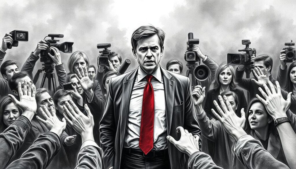 A dynamic scene depicting the critical reaction of the industry and colleagues to the news. A central figure, likely a TV personality, stands in the foreground, surrounded by a flurry of activity. Hands and faces in the middle ground convey a range of emotional responses - shock, disbelief, indignation. The background is a hazy blur of cameras, microphones, and onlookers, creating a sense of intense scrutiny and media attention. The entire scene is rendered in a stark black and white palette, with splashes of color - perhaps a red tie or blue shirt - drawing the eye to key elements. The overall mood is one of high drama and tension, reflecting the gravity of the situation being portrayed.