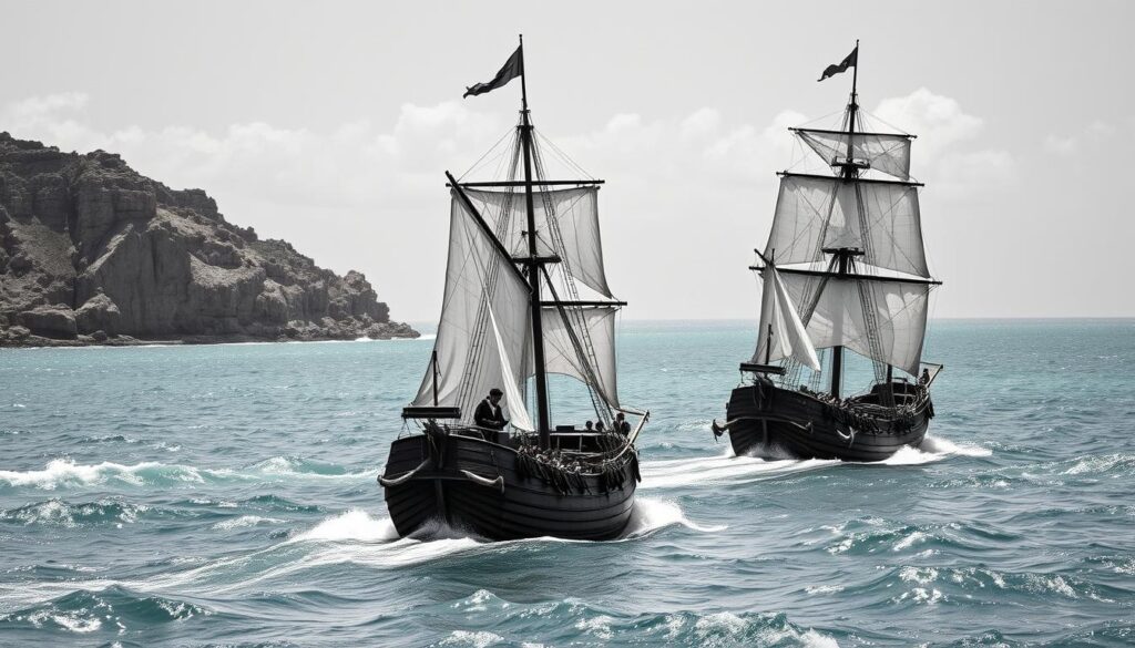 A fleet of three majestic ships, their sails billowing in the wind, embarking on an epochal voyage across uncharted waters. The sturdy caravels, Niña, Pinta, and the flagship Santa Maria, lead the way, their wooden hulls cutting through the azure waves. The crew, clad in period attire, stands ready, expressions filled with a mix of anticipation and trepidation. In the background, the rugged coastline of Palos de la Frontera fades into the distance, marking the start of a journey that will forever change the course of history. The scene is rendered in a striking black and white palette, with subtle pops of color highlighting key details, such as the weathered timbers and the flowing flags. The overall atmosphere evokes a sense of adventure, discovery, and the dawn of a new era.