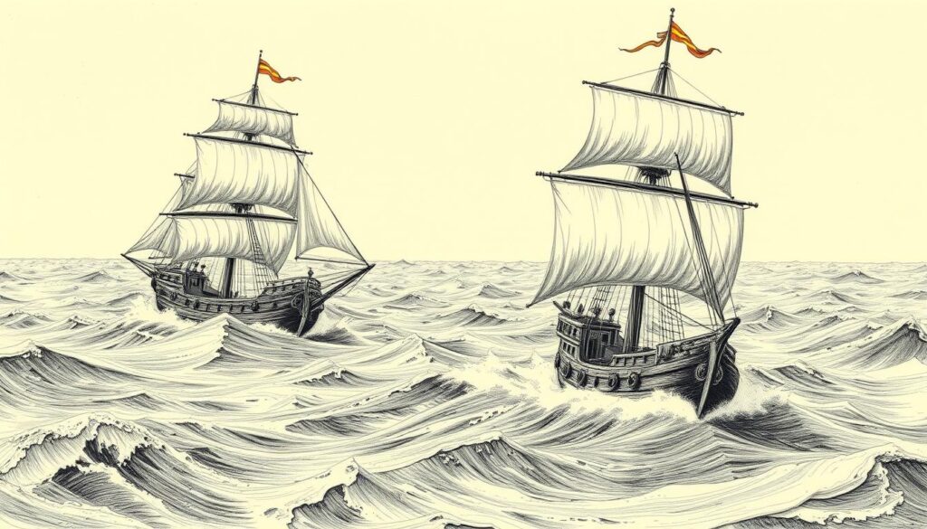 A fleet of three weathered caravels sail across a vast, churning sea, their sails billowing in the wind. The ships' hulls are detailed in intricate monochrome, with splashes of color highlighting their masts, rigging, and ornamental details. The scene evokes a sense of adventure and discovery, with the vessels cutting through the choppy waves as they embark on their historic journey. The lighting casts dramatic shadows, creating a sense of depth and movement, while the overall aesthetic maintains a timeless, vintage-inspired feel in line with the subject matter.