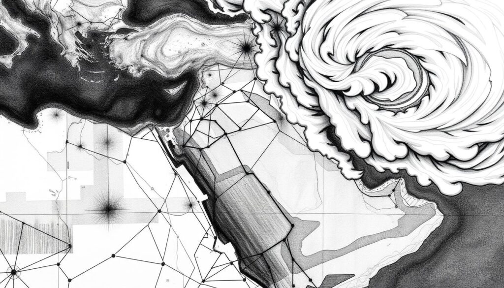 A geopolitical map of the Middle East, rendered in a striking black and white palette with subtle pops of color. The map showcases the shifting borders, alliances, and power dynamics of the region, with intricate lines and shapes conveying the complexity of the landscape. In the foreground, bold geometric shapes and angular lines suggest the rapid changes and upheaval transforming the area. The middle ground features detailed topographic features, while the background is dominated by swirling cloud-like formations, hinting at the unpredictable and volatile nature of the region's future. The overall atmosphere is one of tension and uncertainty, reflecting the profound geopolitical shifts underway.