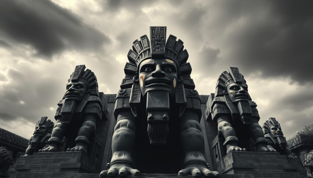 A grand Aztec pantheon, majestic and foreboding, stands against a somber sky. Towering stone figures of fierce gods loom over the viewer, their angular features cast in dramatic light and shadow. Intricate patterns and glyphs adorn their bodies, hinting at the profound symbolism of this ancient civilization. In the foreground, a central deity commands attention, its visage a striking contrast of monochrome tones punctuated by splashes of vibrant color. The entire scene exudes a sense of mysticism and power, reflecting the captivating yet harrowing world of the Aztec gods.
