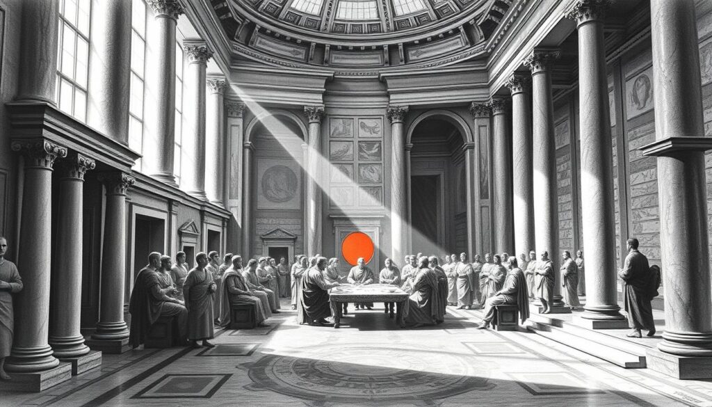 A grand Roman Senate chamber, illuminated by natural light filtering through tall windows. Senators in togas gathered around a central table, engaged in animated discussion. The foreground features ornate marble columns and intricate floor mosaics, while the background depicts towering arched ceilings and intricate architectural details. The scene exudes a sense of power, authority, and the careful administration of the vast Roman Empire, rendered in a muted palette of graphite blacks and grays, with hints of vibrant color highlighting key elements. A carefully composed image that captures the essence of Roman governance and administration. A grand Roman Senate chamber, illuminated by natural light filtering through tall windows. Senators in togas gathered around a central table, engaged in animated discussion. The foreground features ornate marble columns and intricate floor mosaics, while the background depicts towering arched ceilings and intricate architectural details. The scene exudes a sense of power, authority, and the careful administration of the vast Roman Empire, rendered in a muted palette of graphite blacks and grays, with hints of vibrant color highlighting key elements. A carefully composed image that captures the essence of Roman governance and administration.