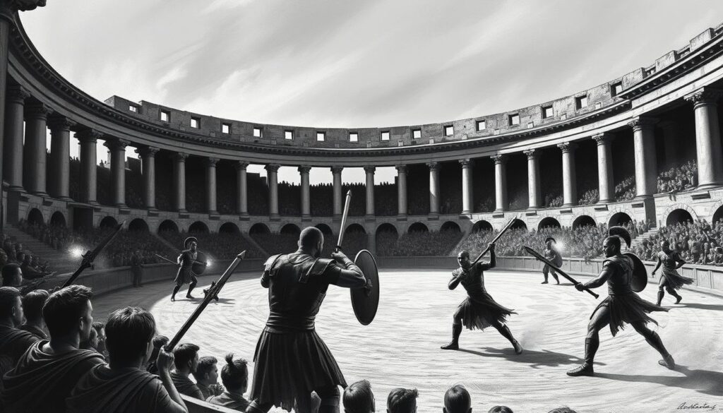 A grand amphitheater in ancient Rome, the Kaiserliche Gladiatorenspiele stands in stark monochrome, its stone arches and columns casting dramatic shadows. Gladiators, clad in leather and bronze, engage in fierce combat within the dusty arena, their expressions tense with determination. Spectators, a sea of shadowy figures, watch intently from the tiered seats, their faces illuminated by the warm glow of torchlight. The scene is one of raw power and unbridled spectacle, a testament to the unbridled brutality and pageantry that defined the height of the Roman Empire's obsession with blood sport.