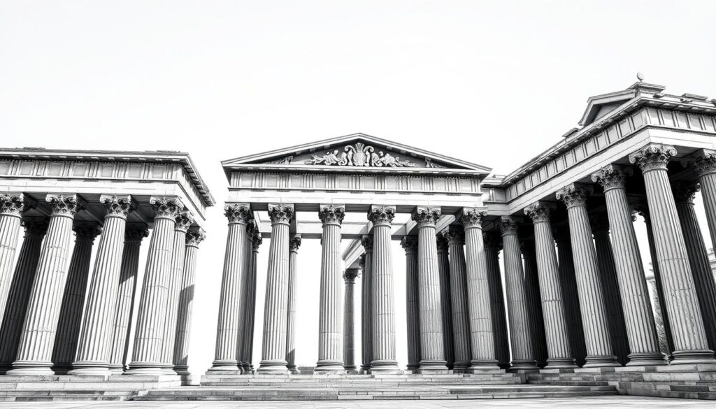 A grand architectural masterpiece unfolds, showcasing the timeless elegance of ancient Greek column orders. In the foreground, the robust Doric columns stand tall, their fluted shafts and simple capitals exuding a sense of strength and stability. Gracefully transitioning to the middle ground, the slender Ionic columns rise, adorned with intricate volute capitals that evoke a sense of sophistication. Towards the background, the ornate Corinthian columns soar, their acanthus leaf-inspired capitals adding a touch of luxurious refinement to the scene. The entire composition is rendered in a striking black and white palette, with subtle pops of color highlighting the architectural details. The image captures the essence of the ancient world, inviting the viewer to explore the wonders of classical architecture.