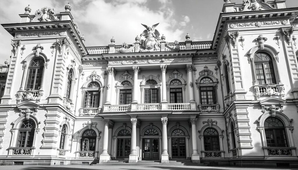 A grand baroque palace stands proud, adorned with intricate architectural elements. Ornate columns, arched windows, and detailed cornices create a stunning display of craftsmanship. Delicate floral motifs and sculpted cherubs grace the façade, casting soft shadows in the gentle light. The overall composition exudes a sense of regal elegance, perfectly capturing the essence of an old hunting lodge. Rendered in a monochromatic palette with strategic pops of color, this image highlights the architectural nuances and timeless beauty of this historic structure.