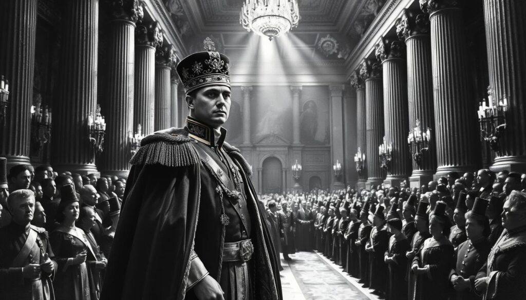 A grand coronation scene unfolds, as Napoleon Bonaparte, clad in a resplendent robe and crown, stands proudly amidst a lavish, ornate setting. The dimly lit, dramatic lighting casts deep shadows, accentuating the solemn gravity of the moment. In the foreground, Napoleon's regal figure dominates, his gaze steady and determined. The middle ground is filled with a throng of courtiers and dignitaries, their faces etched in reverence and awe. In the background, towering columns and intricate architectural details hint at the grand scale of the imperial palace. The image is rendered in a stark black and white palette, with only a few carefully placed splashes of color - the gleam of the crown, the rich hue of the robe, the subtle sheen of the marble floors. The overall effect is one of power, majesty, and the pinnacle of Napoleon's ascent to the imperial throne.