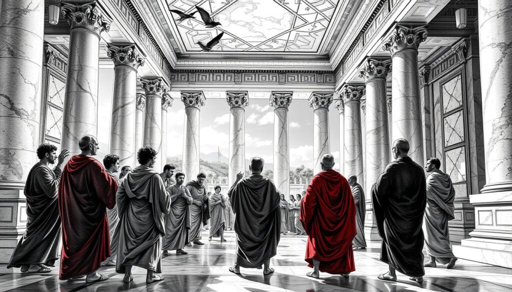 A grand marble hall with ornate columns and detailed architectural flourishes. In the foreground, figures in flowing robes engage in lively discourse, their gestures animated as they debate the Kleisthenian reforms that ushered in the era of Isonomia. The scene is rendered in a striking black and white palette, with carefully placed splashes of color – the vibrant crimson of a robe, the glint of gilded detailing, the deep azure of a distant sky. The lighting is dramatic, casting long shadows and highlighting the drama of the moment, as the birth of Athenian democracy unfolds before the viewer's eyes.
