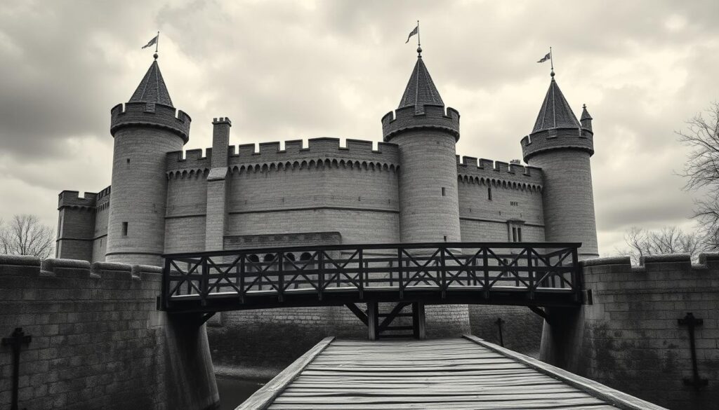 A grand medieval castle silhouetted against a moody, overcast sky. Towering stone walls and sturdy battlements, their surfaces weathered and textured. Narrow arrow slits pierce the façade, hinting at the defensive might within. Pointed turrets and conical roofs pierce the skyline, casting dramatic shadows. In the foreground, a drawbridge spans a deep, rocky moat, its sturdy wooden planks and iron fittings rendered in precise detail. The scene conveys a sense of power, permanence, and the architectural innovation of high medieval castle design. Rendered in a muted, high-contrast palette of graphite and selective color accents.
