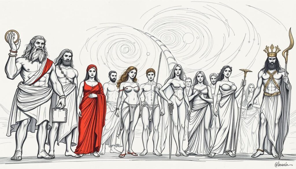 A grand pantheon of Olympian deities, captured in a timeless sketch-like illustration. In the foreground, the powerful figures of Zeus, Hera, Poseidon, and Athena stand tall, their commanding poses and striking features rendered in bold, expressive strokes. In the middle ground, other iconic Greek gods and goddesses - Aphrodite, Ares, Hermes, Artemis - gather, their forms suggested through delicate lines and subtle shading. The background is a swirling, ethereal realm, hinting at the mythic landscape of Mount Olympus, with faint celestial bodies and wisps of cloud-like forms adding depth and mystery. The overall aesthetic is a striking balance of light and shadow, with strategic pops of color - a crimson robe, a golden scepter - drawing the eye to key details. The result is a captivating, atmospheric illustration that captures the grandeur and allure of the Olympian pantheon.