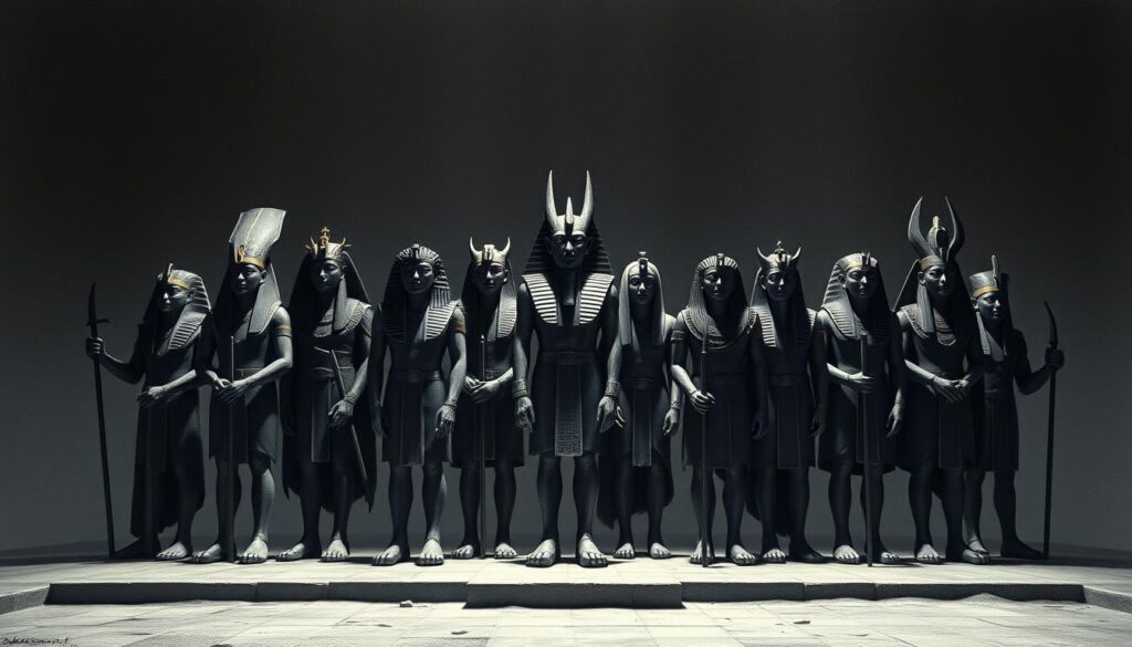 A grand pantheon of ancient Egyptian deities, standing in a stately, symmetrical arrangement, bathed in dramatic chiaroscuro lighting. The principal gods, such as Ra, Anubis, Isis, and Osiris, occupy the central positions, their distinctive iconography and attributes rendered in precise detail. Subtle washes of color accentuate key elements, imbuing the scene with a sense of mysticism and reverence. The background features a minimal, textured environment, allowing the powerful presence of the gods to take center stage. An atmospheric, high-contrast rendering, capturing the majestic and enigmatic nature of the Egyptian pantheon.