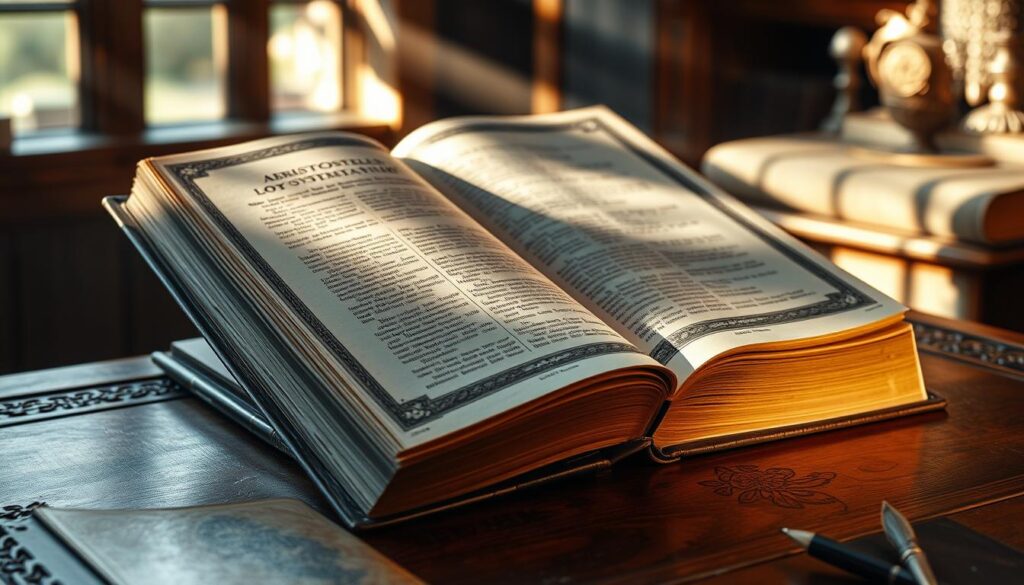 A grand philosophical tome, "Aristoteles Logik Systematik," its black and white pages adorned with subtle splashes of color, rests upon an ornate wooden desk. Rays of warm sunlight filter through a nearby window, casting a soft glow upon the ancient text. The image conveys a sense of intellectual contemplation, a reverence for the profound ideas of the renowned Greek thinker. The composition is balanced, with the book's intricate cover and pages taking center stage, surrounded by the detailed wooden desk and the tranquil, pensive atmosphere of the scene.