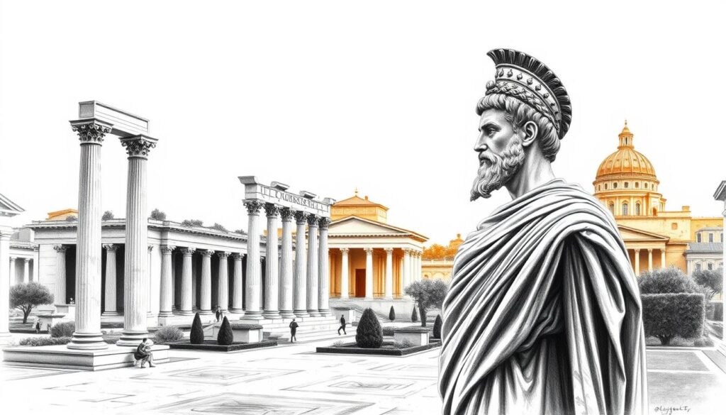 A grand, stately Roman forum, rendered in a striking black and white palette with punctuated bursts of color. In the foreground, the imposing figure of Augustus, the first Roman emperor, stands tall and commanding, his regal robes and laurel wreath signifying his authority. The middle ground reveals the sweeping architectural grandeur of the forum, with its towering columns, ornate arches, and carefully manicured gardens. In the background, the iconic domed silhouettes of Roman temples rise, bathed in a warm, golden glow that infuses the scene with a sense of timeless majesty. The entire composition conveys the transformative vision and sweeping reforms enacted by Augustus, shaping the city of Rome into a true imperial capital.