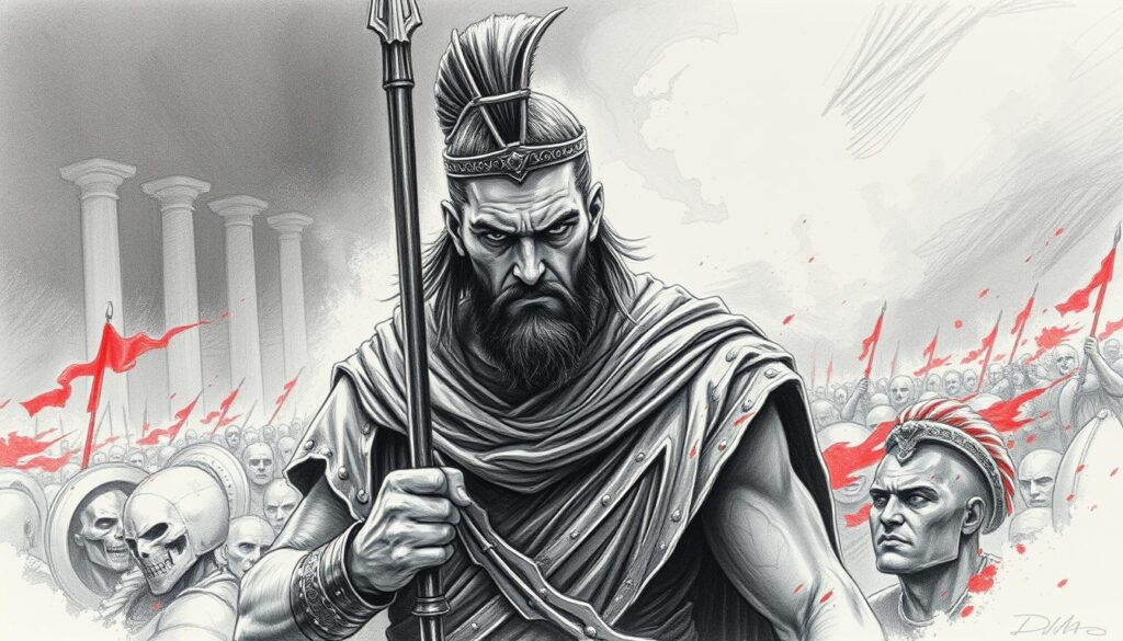 A grim-faced Achilles, hero of ancient Greece, stands resolute in the midst of a raging battlefield. His chiseled features etched in a fierce scowl, his piercing gaze commands attention. Draped in a tattered cloak, he grips his spear tightly, the metal gleaming in the dim light. The landscape around him is a study in contrasts - the muted tones of a pencil sketch interrupted by the vibrant flash of crimson, perhaps the blood of his enemies. The scene conveys a sense of impending doom, a moment of calm before the storm, as Achilles prepares to unleash his legendary wrath upon the unsuspecting foe.