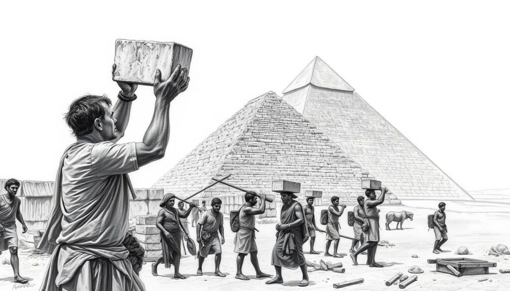 A group of Egyptian workers, clad in simple garments, toil under the scorching sun to construct one of the magnificent pyramids. Their weathered faces and calloused hands reveal the immense physical labor required to shape the towering monuments. In the foreground, a worker carefully lifts a heavy stone block, his muscles straining with the effort. In the middle ground, others work in coordinated teams, passing materials and using primitive tools to carve and place the massive limestone and granite blocks. The background is a vast expanse of desert, with the pyramid's geometric form rising majestically against the cloudless sky. The scene is rendered in a striking black and white palette, with only the workers' clothing and the pyramid's casing stones appearing in subtle shades of color, highlighting the timeless and monumental nature of their accomplishment.