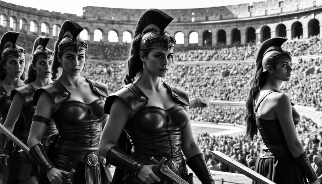 A group of female gladiators, clad in leather armor and wielding swords, stand ready in the ancient Roman arena. Their determined expressions convey both strength and grace as they await the start of the battle. Dramatic chiaroscuro lighting casts dramatic shadows, emphasizing the contours of their muscular forms. In the background, the vast amphitheater rises, filled with spectators eager for the spectacle to unfold. The scene is rendered in a striking black and white palette, with only the slightest touches of color - the gleam of metal, the flush of skin - to draw the eye and heighten the intensity of the moment.