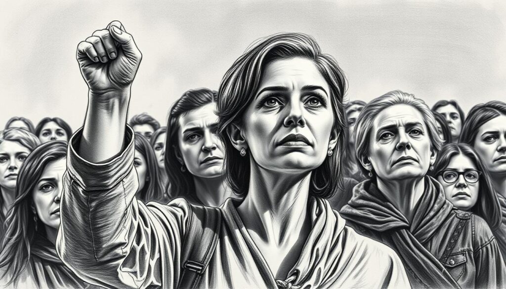 A group of individuals, standing firm against the tides of fear and hysteria, their faces etched with determination. In the foreground, a woman raises her hand in a gesture of defiance, her gaze unwavering. Behind her, a crowd of supporters, their expressions a mix of resolve and compassion. The scene is rendered in a striking black and white palette, with muted tones and subtle splashes of color, casting a somber yet powerful atmosphere. The composition is balanced, with a sense of depth and movement, capturing the essence of resistance and critique against the witch hunts that plagued the era. Soft, directional lighting illuminates the faces, adding depth and drama to the scene.