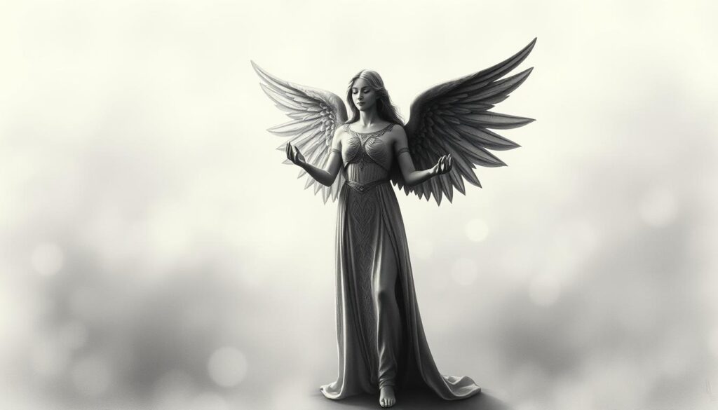 A guardian angel standing in a serene, ethereal environment, surrounded by soft, atmospheric lighting and a delicate, almost translucent palette. The angel's wings spread gently, their hands outstretched in a gesture of guidance and protection. Intricate, ornate patterns adorn the figure, with subtle hints of color peeking through the predominantly monochrome composition. The background is hazy and dreamlike, with a sense of spiritual connectivity and divine presence. The overall aesthetic is a balance of light and shadow, blending the ethereal and the earthly in a visually striking, meditative composition.