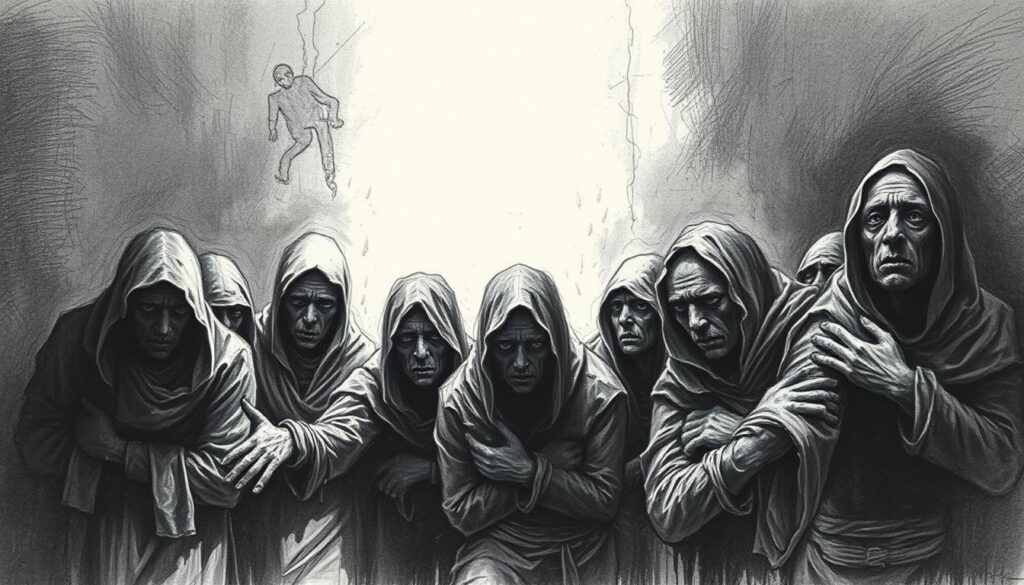 A haunting scene of captive souls, their weary faces etched in charcoal shadows, bodies bound in the confines of a dimly lit room. Muted shades of grey, punctuated by slivers of color - a tattered cloth, a single tear, a flicker of defiance. The air thick with an oppressive silence, broken only by the faint echoes of past torment. A stark and somber tableau, capturing the grim reality of those held against their will, their plight a testament to the cruelty of the world.