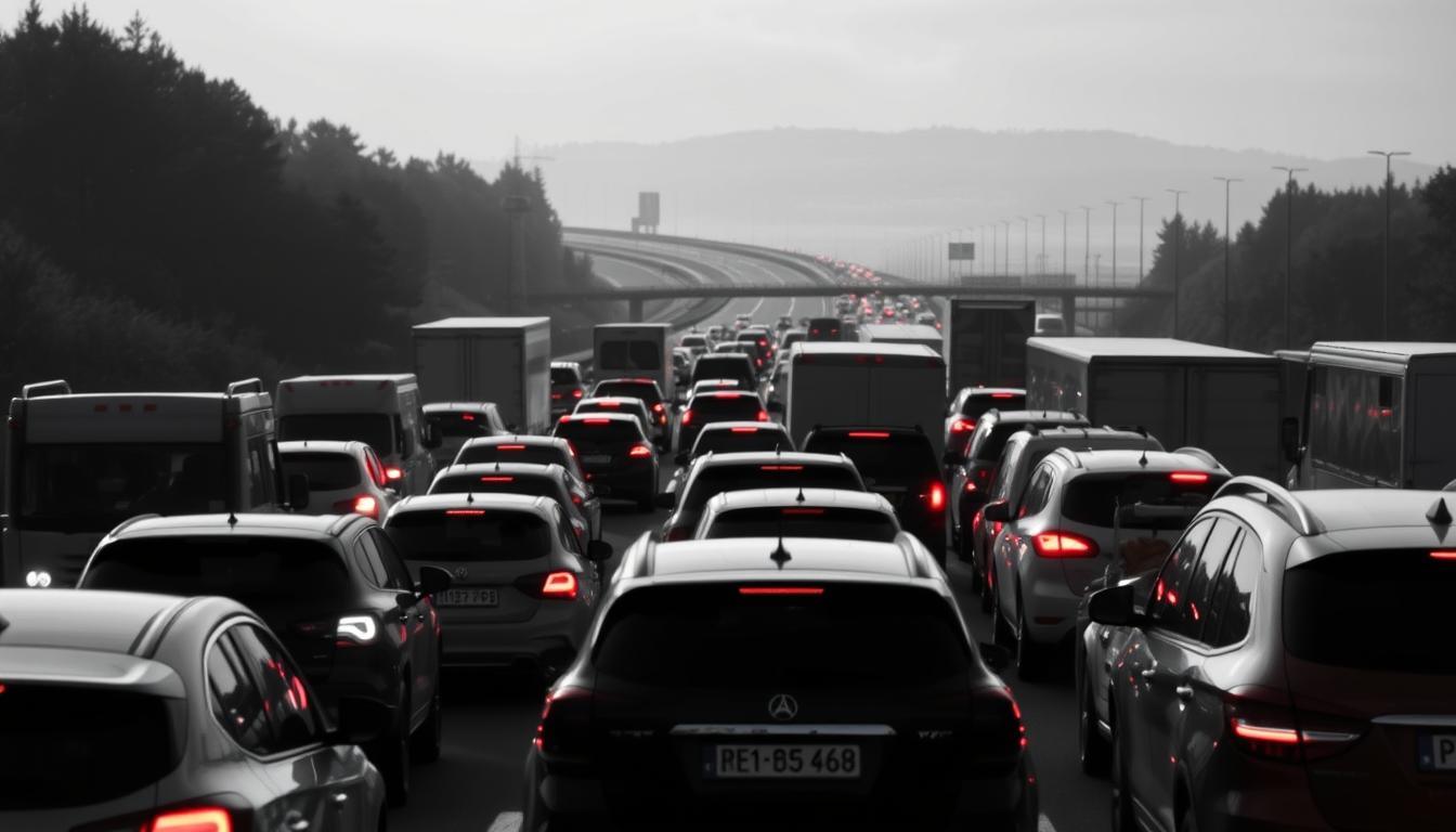 A heavily congested autobahn during the peak summer travel season, with traffic at a standstill. In the foreground, cars and trucks are bumper-to-bumper, their headlights casting long shadows. The middle ground features a winding road disappearing into the distance, dotted with the occasional brake light. The background is a hazy, overcast sky, hinting at the frustration and sense of impending delays for weary travelers. The image is rendered in muted tones of black, white, and subtle splashes of color, evoking the somber mood of the traffic situation.