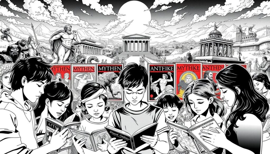 A high-contrast black and white graphic novel illustration depicting the "Mythen der Antike" book series. In the foreground, a diverse group of readers - young and old, from different backgrounds - intently engaged with the mythological tales within the books. The middle ground showcases the series' iconic cover designs, featuring mythical figures and symbols in vibrant pops of color. In the background, a sweeping panorama of ancient Greek and Roman landscapes, temples, and legendary creatures, hinting at the rich tapestry of stories within. The overall mood is one of captivation and timeless appeal, inviting a wide audience to discover the wonders of classical mythology.