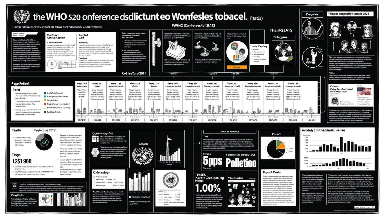 A high-contrast black and white illustration of the WHO conference schedule for tobacco control, with selective color accents highlighting key details. The layout features a central timeline with dates, milestones, and icons representing different stages of the regulatory process. Surrounding this are additional information panels, charts, and diagrams providing context and supplementary data. The overall mood is analytical and informative, conveying the rigorous, methodical nature of the political decision-making. The lighting is crisp and directional, casting subtle shadows to enhance the technical, blueprint-like aesthetic. The camera angle is slightly elevated, giving a sense of authority and oversight to the comprehensive visual summary.