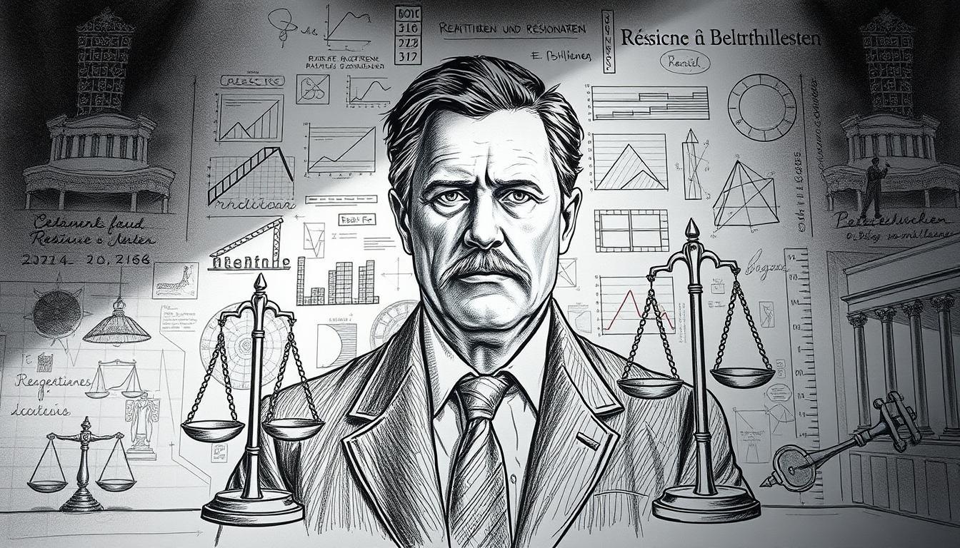 A high-contrast black-and-white legal document, meticulously rendered in pencil, with selective pops of color highlighting key details. The central focus is a portrait of René Benko, surrounded by a grid of legal annotations, graphs, and scales of justice, conveying the gravity of the legal proceedings. The background is a hazy, atmospheric blend of courtroom sketches and legal iconography, evoking the solemn atmosphere of the "Reaktionen und rechtliche Bewertungen" section. Dramatic lighting casts dramatic shadows, emphasizing the weight of the subject matter.