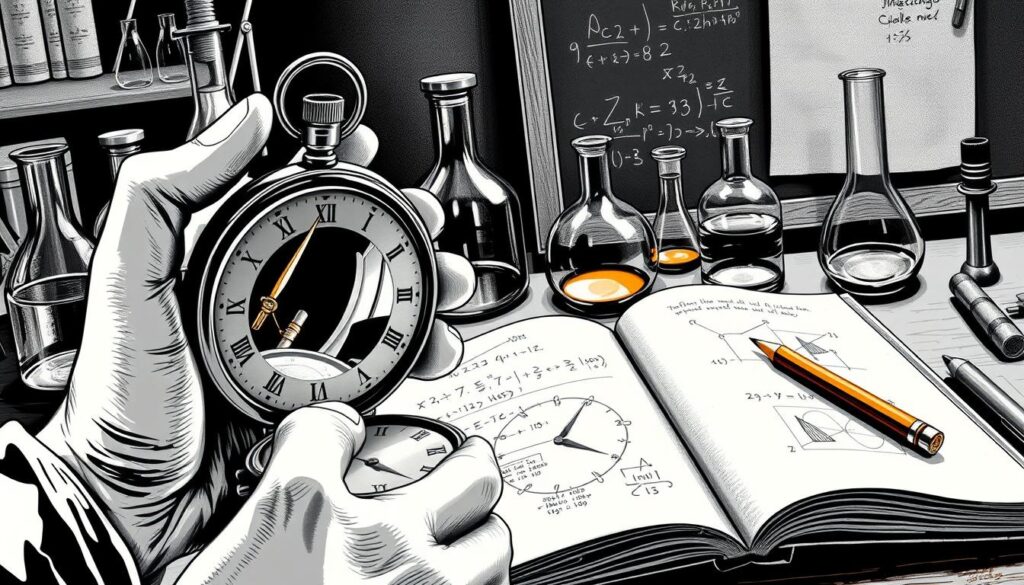 A high-contrast monochrome illustration depicting the scientific analysis of the mirrored hour phenomenon. In the foreground, a pair of hands carefully examining an antique pocket watch, the glass reflecting the surroundings. In the middle ground, an open notebook with handwritten equations and diagrams, hinting at the psychological and mathematical underpinnings. The background features scientific equipment - beakers, retorts, and an old-fashioned chalkboard with formulas scrawled upon it. Warm accent colors highlight key details, drawing the viewer's eye to the intricate study of this enigmatic occurrence.