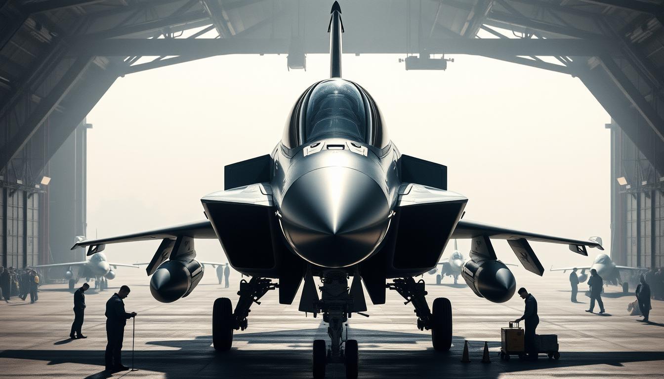 A high-tech Eurofighter jet fighter, its sleek airframe and advanced avionics gleaming in the sunlight. The cockpit canopy reflects the sky, and the twin engines roar with power. Beneath the aircraft, ground crew in crisp uniforms make final checks, their tools and equipment casting precise shadows. In the background, a hazy hangar bustles with activity, the silhouettes of other fighters visible through the open doors. The overall scene conveys a sense of technological sophistication, military precision, and the raw might of modern aerial warfare, all rendered in a muted palette of graphite and color accents.