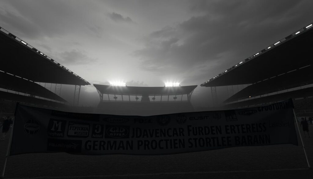 A historic football stadium at dusk, with dramatic lighting casting deep shadows across the field. In the foreground, a tattered, worn banner featuring the logos of renowned German brands engaged in sponsorship battles. In the middle ground, ghostly figures of players long since retired, their movements frozen in time. The background is hazy, the stands empty, a sense of melancholy and the weight of the past hanging in the air. The scene is rendered in a moody, black and white palette, with only the occasional flash of color from the faded corporate insignia, evoking the bygone era of football sponsorship history.