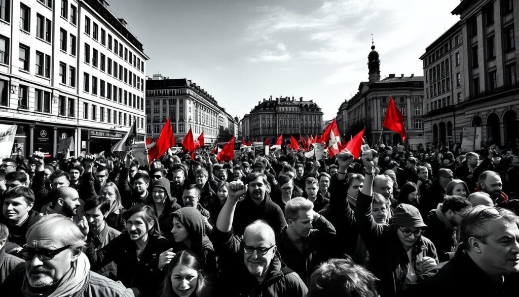 A large crowd gathered in the streets of Leipzig, their faces resolute, their fists raised. The scene is rendered in stark black-and-white, with only the occasional splash of color - the red banners, the blue sky peeking through. The protesters march forward, their steps determined, as the city buildings loom in the background, a silent witness to the power of the people. The lighting is dramatic, casting deep shadows and highlighting the intensity of the moment. The perspective is from street level, capturing the energy and momentum of the Montagsdemonstrationen, the Monday demonstrations that played a crucial role in the fall of the Berlin Wall.