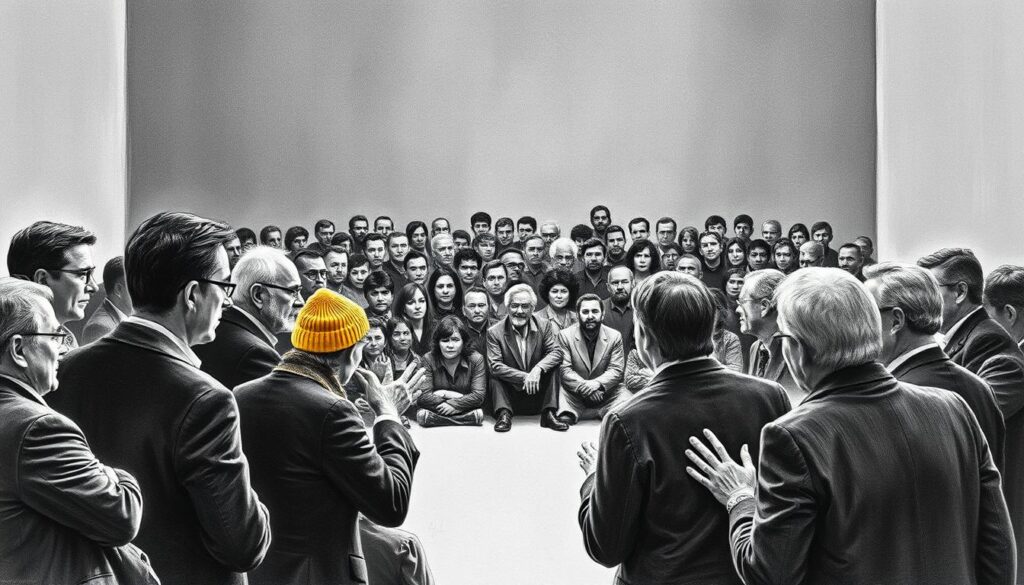 A lively discussion among potential Nobel Peace Prize candidates unfolds, set against a backdrop of muted tones and subtle hues. In the foreground, figures engage in animated discourse, their body language and expressions conveying the intensity of the debate. The middle ground reveals a gathering of diverse individuals, each with their own perspectives and agendas. In the background, a sense of contemplation and introspection pervades, as the participants ponder the gravity of their aspirations. The scene is rendered in a striking black-and-white palette, with selective pops of color drawing the eye to key details, creating a thought-provoking and visually compelling image.