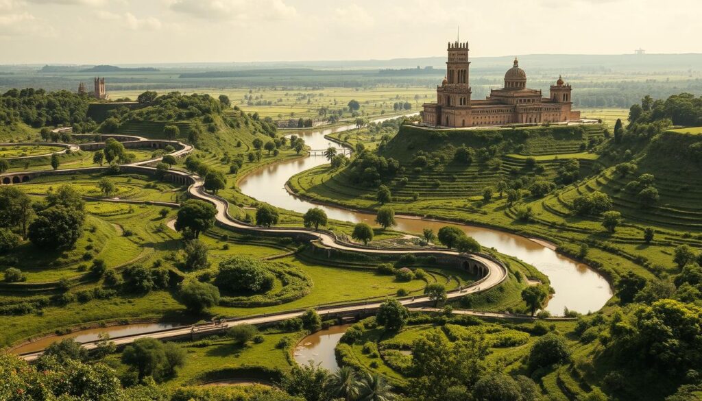 A lush, verdant landscape unfolds, dotted with the meandering curves of ancient river systems. In the foreground, intricate networks of canals and aqueducts snake through the fertile terrain, their precise geometry a testament to the engineering prowess of early civilizations. Towering structures, their facades adorned with subtle hints of color, rise from the riverbanks, their architectural elegance hinting at the cultural sophistication of those who built them. The scene is bathed in a soft, diffused light, casting long shadows that add depth and dimension to the composition. Textures are rendered in a striking monochrome palette, save for the occasional splash of vibrant hue - a flowering plant, a decorative element, or the glint of water reflecting the sky above. This image captures the essence of how river systems served as the foundation for the emergence of great early societies, the lifeblood that nurtured their growth and prosperity.