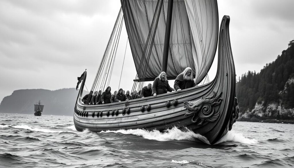 A majestic Viking longship sails across the choppy waters, its sleek wooden hull and billowing sails a testament to the ingenuity and craftsmanship of its builders. In the foreground, intricate carvings of mythical beasts and warriors adorn the prow, hinting at the ship's storied past. The middle ground features a crew of hardy, weathered seafarers, their expressions stoic as they navigate the treacherous seas. In the background, a rugged coastline rises, its rocky cliffs and dense forests casting dramatic shadows in the moody, overcast light. The overall scene conveys the historical significance of these iconic vessels, which shaped the expansion and cultural influence of the Viking civilization. Rendered in a striking black and white palette, with subtle pops of color highlighting key details, this image captures the timeless essence of the Viking ship's enduring legacy.