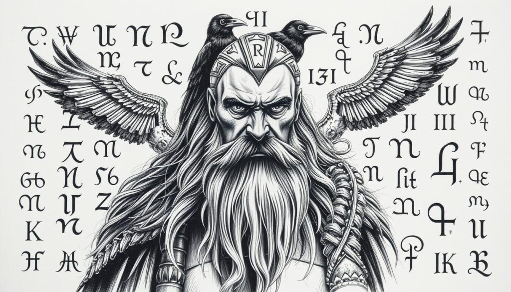 A majestic depiction of Odin, the revered Norse god, standing amidst the enigmatic Runic script. In the foreground, Odin's weathered face, with a piercing gaze and a flowing beard, commands attention. Surrounding him, intricate Runic symbols dance across the page, each one a testament to the ancient wisdom and mysticism of the Nordic pantheon. The middle ground features Odin's iconic raven companions, Huginn and Muninn, perched atop his shoulders, their watchful eyes surveying the scene. In the background, a sense of ethereal, muted tones captures the timeless, mystical atmosphere of the Norse mythology. The image is rendered in a striking black and white palette, punctuated by the occasional burst of color, evoking the solemn and contemplative nature of the subject matter.