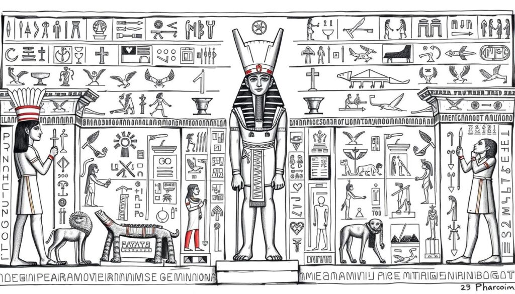 A majestic hieroglyphic composition depicting the intricate power structure of ancient Egyptian pharaohs, rendered in a striking black and white palette with subtle bursts of color. The central figure, a commanding pharaoh, stands tall and regal, flanked by divine symbols and mythological guardians. Surrounding this focal point, a tapestry of ceremonial regalia, architectural elements, and symbolic motifs weave together to convey the complex web of divine authority, administrative bureaucracy, and religious ideology that defined the pharaonic rule. The overall scene radiates a sense of reverence, authority, and the mystical aura that permeated the pharaonic legacy.