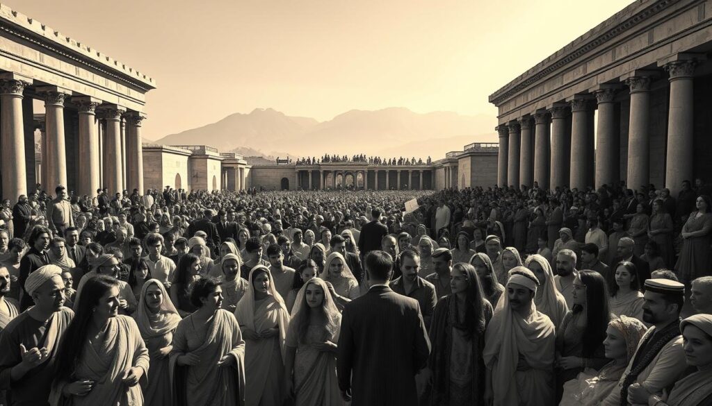 A mass wedding celebration in the ancient city of Susa, the capital of the Achaemenid Empire. In the foreground, a vast gathering of couples dressed in traditional attire, their faces filled with joy and anticipation. The middle ground reveals the ornate, columned architecture of the palace, bathed in warm, soft lighting that casts long shadows. In the background, the majestic Zagros Mountains loom, their peaks shrouded in a hazy, muted palette. The scene conveys a sense of unity, as the couples symbolize the integration of diverse cultures under the rule of Alexander the Great. Rendered in a striking black and white with subtle, strategic splashes of color to highlight the pageantry and grandeur of the occasion.