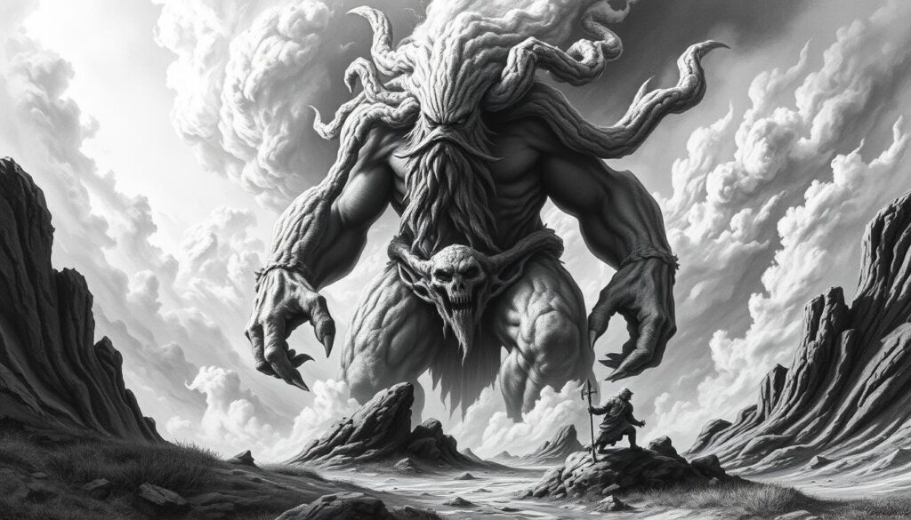 A massive, ancient figure looms in the center, the primordial Ymir, father of the giants. Gnarled limbs and twisted features suggest a being of immense power and primal essence. Swirling clouds and ethereal mists surround him, hinting at the dawn of creation. In the foreground, the landscape is rendered in stark black and white, with only touches of color - perhaps a glint of metal or a spark of energy - to accentuate the mythic atmosphere. The scene conveys a sense of timeless grandeur, a glimpse into the epic origins of the Germanic pantheon.
