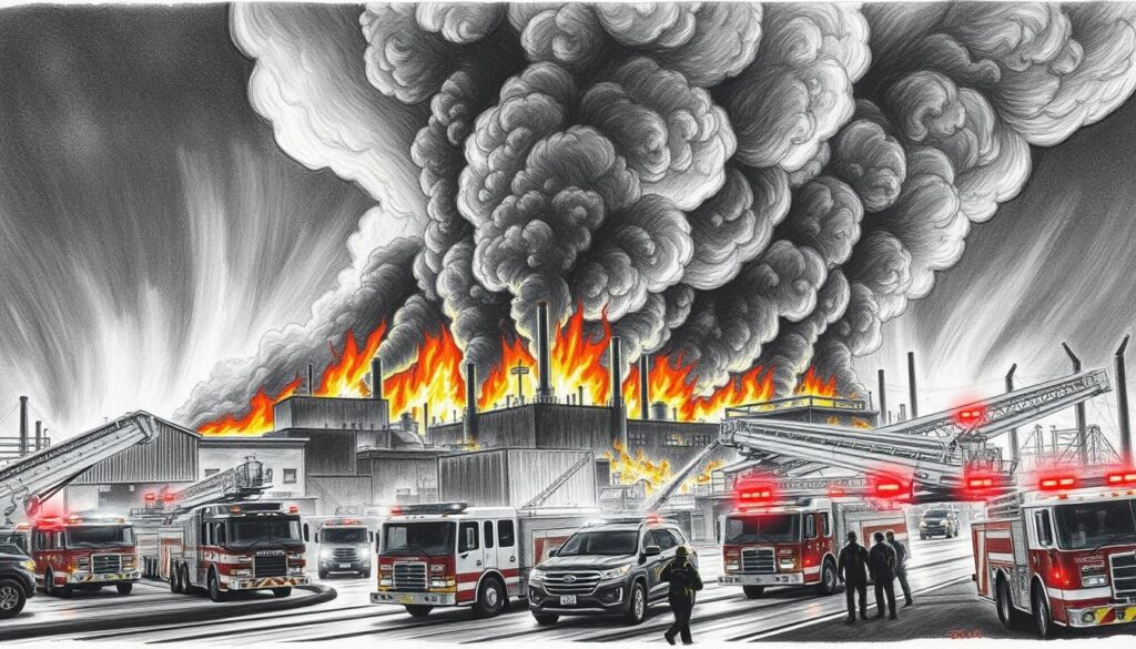 A massive industrial complex engulfed in flames, billowing plumes of thick black smoke into the night sky. Dozens of fire trucks and emergency vehicles surround the scene, their flashing lights cutting through the darkness. Firefighters in protective gear battle the blaze, hoses spraying water onto the roaring inferno. The heat and intensity of the flames create a sense of urgency and danger, as the firefighters work tirelessly to bring the situation under control. The scene is rendered in stark black and white, with pops of color in the flickering flames and the red and yellow emergency lights. The overall atmosphere is one of drama, chaos, and the heroic efforts of the firefighters to save the day.
