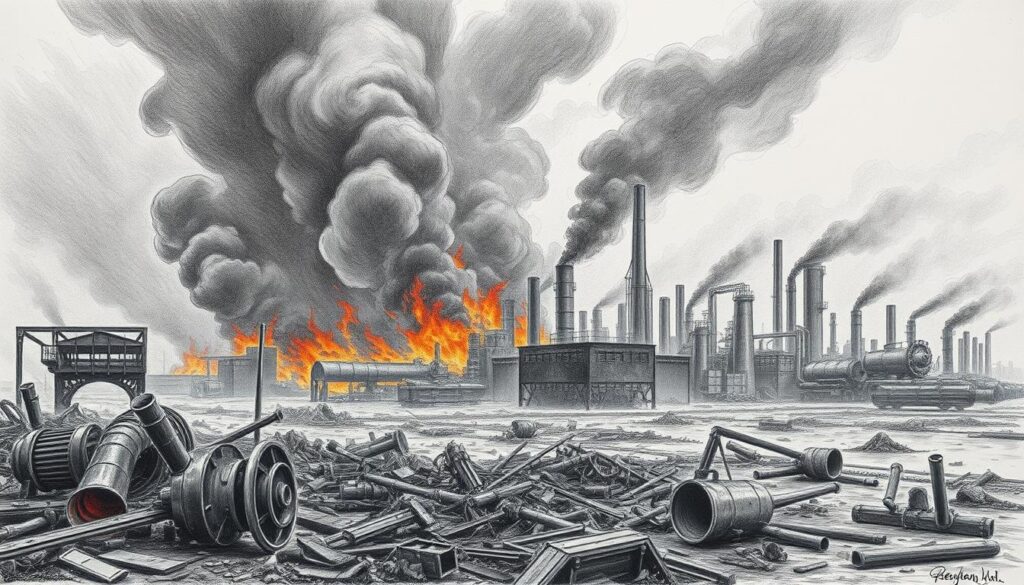 A massive industrial fire rages through a sprawling factory complex, billowing thick plumes of dark smoke that obscure the sky. Charred debris and crumbled infrastructure litter the scorched landscape, a testament to the sheer scale of the destruction. In the foreground, the twisted remains of machinery and equipment lie amid the rubble, their once-vibrant colors now muted to shades of black and gray, with only the occasional flash of vibrant hue hinting at the former grandeur of the facility. The eerie silence is punctuated by the distant wail of emergency sirens, as the beleaguered firefighters battle to contain the blaze. The scene conveys a palpable sense of loss and the immense financial toll this disaster has taken on the affected businesses and the surrounding community.