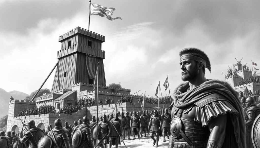 A massive siege tower looms over the ancient city of Tyros, its wooden structure casting long shadows across the battlements. Armored soldiers swarm the walls, raining down arrows and stones upon the besieging Macedonian forces. In the foreground, Alexander the Great surveys the scene, his steely gaze fixed on the prize. The sky is a muted gray, punctuated by bursts of color from banners and flags. The overall mood is one of tense anticipation, as the fate of the city hangs in the balance. Rendered in a striking black and white palette with selective color accents, this image captures the historical drama of the Siege of Tyros.