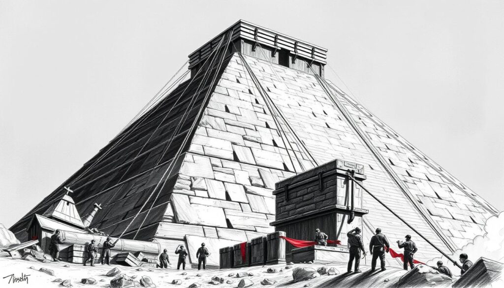 A massive stone pyramid rises from a rugged landscape, its steep sides leading up to a flattened apex. Intricate scaffolding structures cling to the monument's flanks, wooden beams and ropes forming a complex network of pulleys and platforms. In the foreground, a team of laborers strain against thick ropes, guiding massive stone blocks upwards towards the structure's summit. The scene is rendered in a stark black-and-white palette, with only the occasional flash of color - a vibrant red banner, the glint of metal tools - to draw the eye. The overall impression is one of monumental engineering, human toil, and the sheer scale of the undertaking. Dramatic shadows and dramatic lighting heighten the sense of struggle and endeavor.