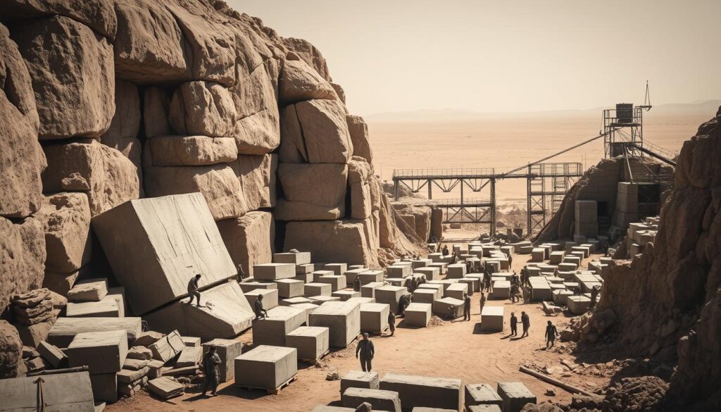 A massive stone quarry nestled in the arid desert landscape, with workers meticulously chipping away at enormous limestone blocks. The sun casts long shadows, accentuating the rugged textures of the weathered rock. In the foreground, teams of laborers haul heavy blocks using primitive tools and pulleys, their concentrated expressions conveying the arduous task at hand. In the middle ground, a complex system of ramps and scaffolding hints at the engineering prowess required to transport and assemble these massive building materials. The background fades into a hazy, sepia-toned horizon, evoking the timeless, monumental nature of this ancient endeavor. Precise, technical details rendered in a striking black and white palette, punctuated by subtle pops of color to highlight key elements.