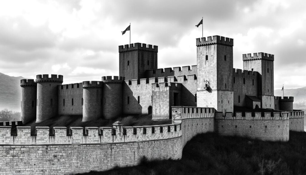 A medieval castle fortification, its towering walls and defensive structures stand strong against the passage of time. Massive stone ramparts, crenellated parapets, and sturdy guard towers dot the landscape, their silhouettes cast in dramatic chiaroscuro. Shadowy arrow slits and murder holes loom, ready to repel any would-be invaders. The castle's imposing presence commands the surrounding terrain, a testament to its military might and strategic importance. Rendered in a striking monochromatic palette with strategic pops of color, this image captures the formidable nature of a medieval castle's defensive systems, a key component of its role as a center of power and refuge during tumultuous times.