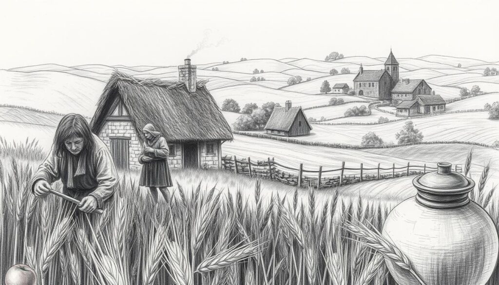 A medieval countryside scene, bathed in soft, muted tones of graphite and charcoal. In the foreground, a group of peasants carefully tend to the harvest, their weathered hands grasping the golden stalks of wheat. The middle ground reveals a simple yet sturdy thatched-roof cottage, the smoke from its chimney curling lazily into the air. In the background, a modest village nestled amidst rolling hills, its stone walls and pointed steeples standing as sentinels of a bygone era. Interspersed throughout the scene, pops of color emerge - a vibrant red apple, the deep brown of freshly baked bread, the earthy hues of an earthenware pot. A tableau of medieval agricultural life, captured in a contemplative, almost reverent, black-and-white palette with subtle splashes of color.