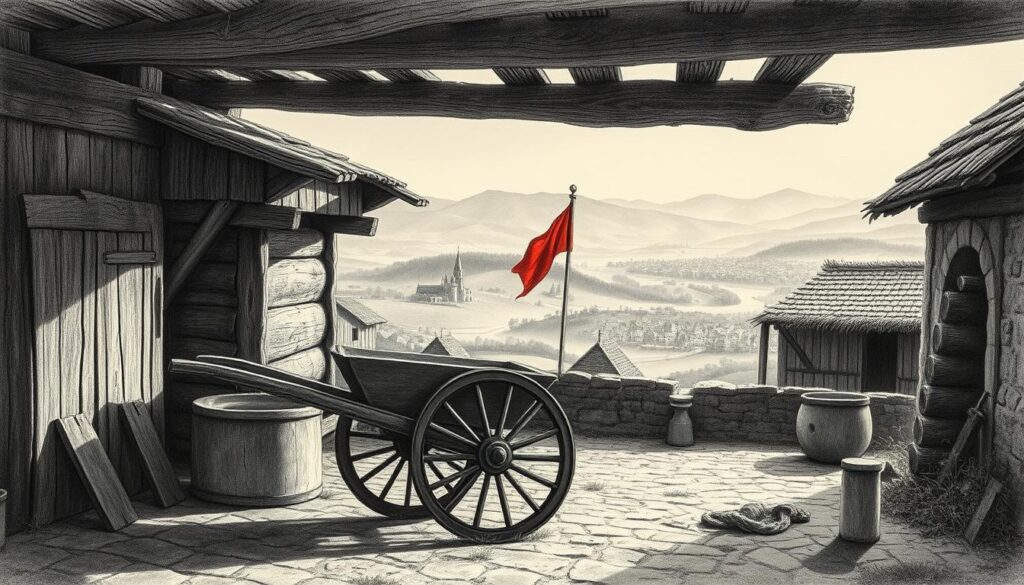 A medieval scene, a wheelbarrow and mills in the foreground, weathered wood and stone structures in the middle ground, rolling hills and a distant town in the background. Soft, diffused lighting illuminates the scene, casting warm shadows and highlighting the texture of the materials. The composition is balanced, with the wheelbarrow and mills drawing the eye, while the surrounding elements provide context and depth. Subtle pops of color, such as a vibrant red flag or a splash of greenery, add visual interest without distracting from the overall monochromatic palette. The scene conveys a sense of hard work, innovation, and the ingenuity of medieval craftsmanship.